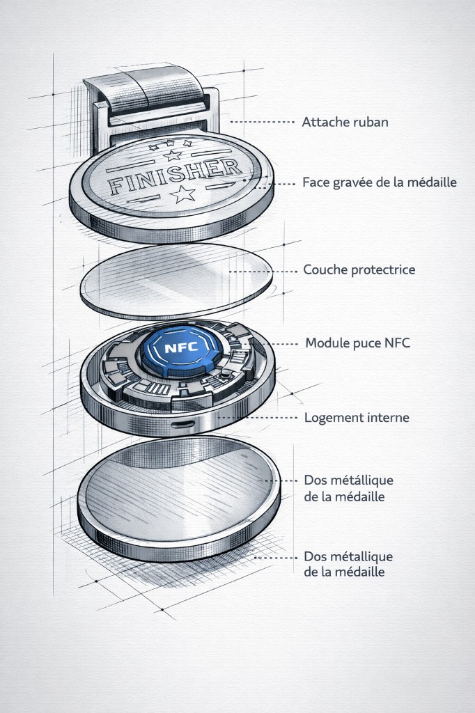 Vue éclatée de la médaille connectée NFC — coupe anatomique